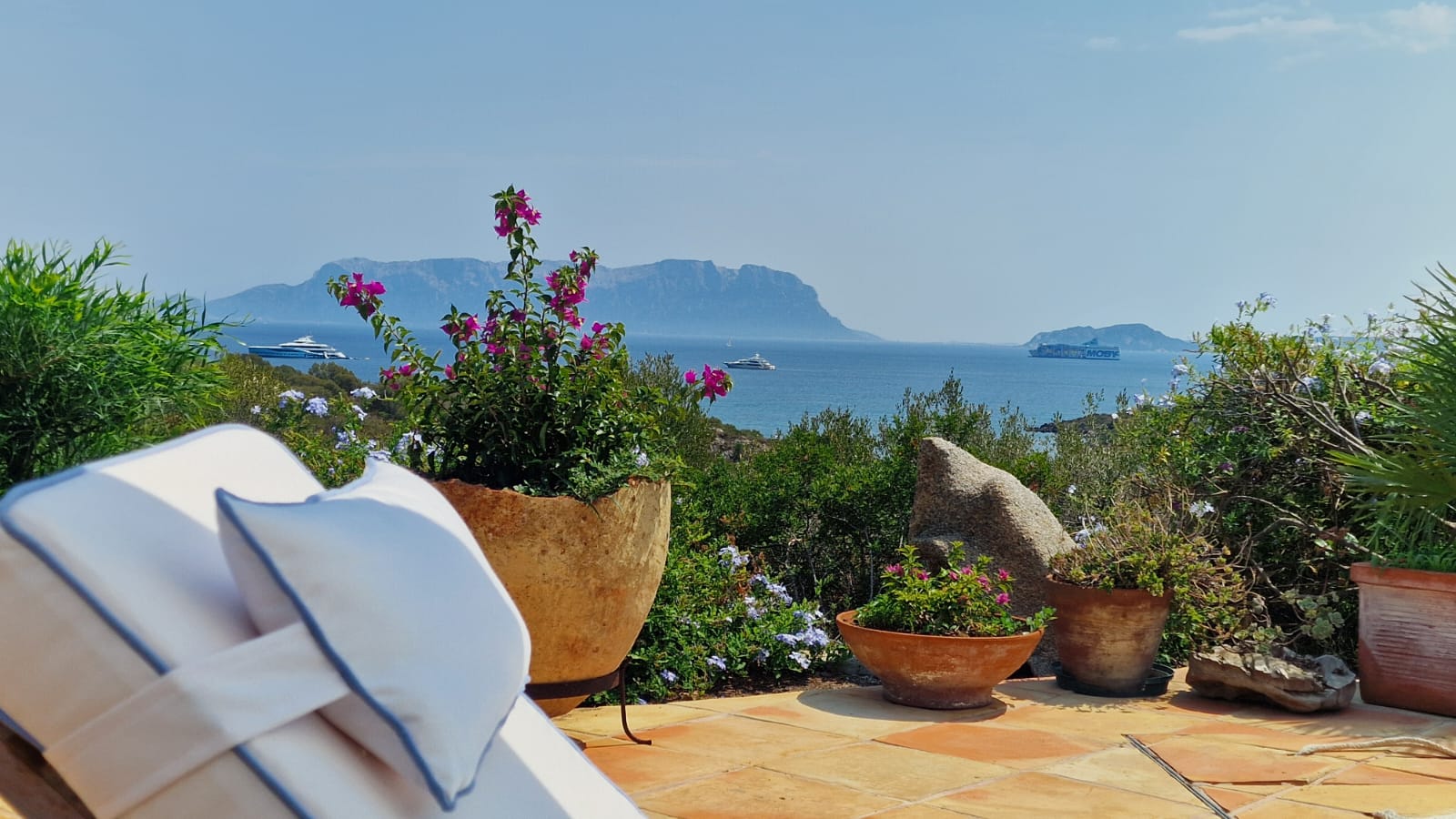 View of Tavolara from the villa terrace, framed by bougainvillea